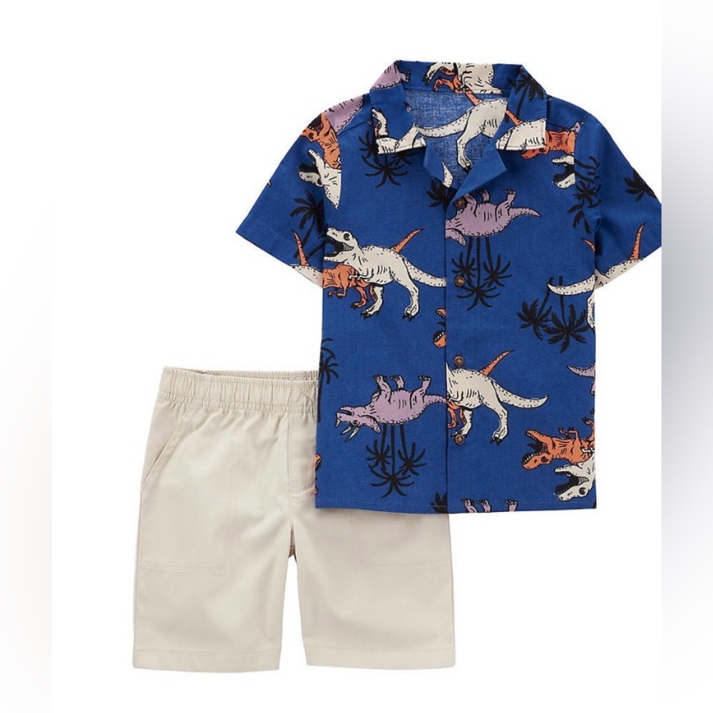 Carter's Blue Dinosaur‎ Print Shirt and Cream Shorts Set size 24 M
